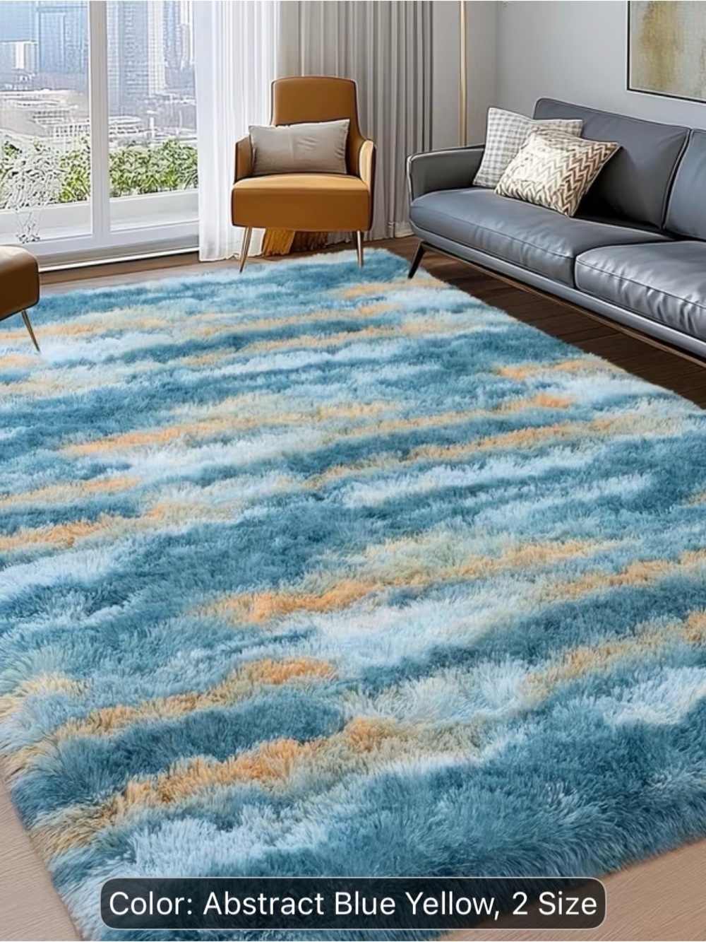 Plush Abstract Blue & Yellow Area Rug - Picture 6 of 7